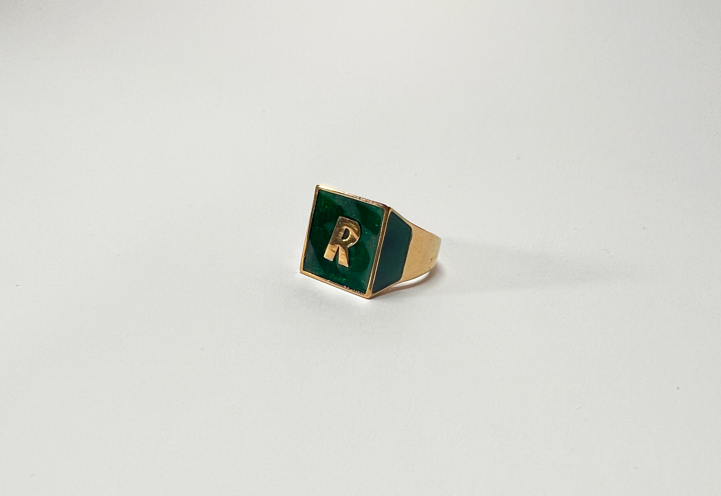 Gold and Green Enamel 'R' Ring