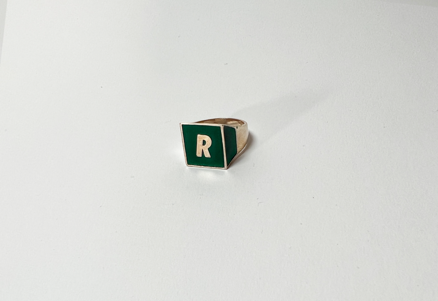 Silver and Green Enamel 'R' Ring
