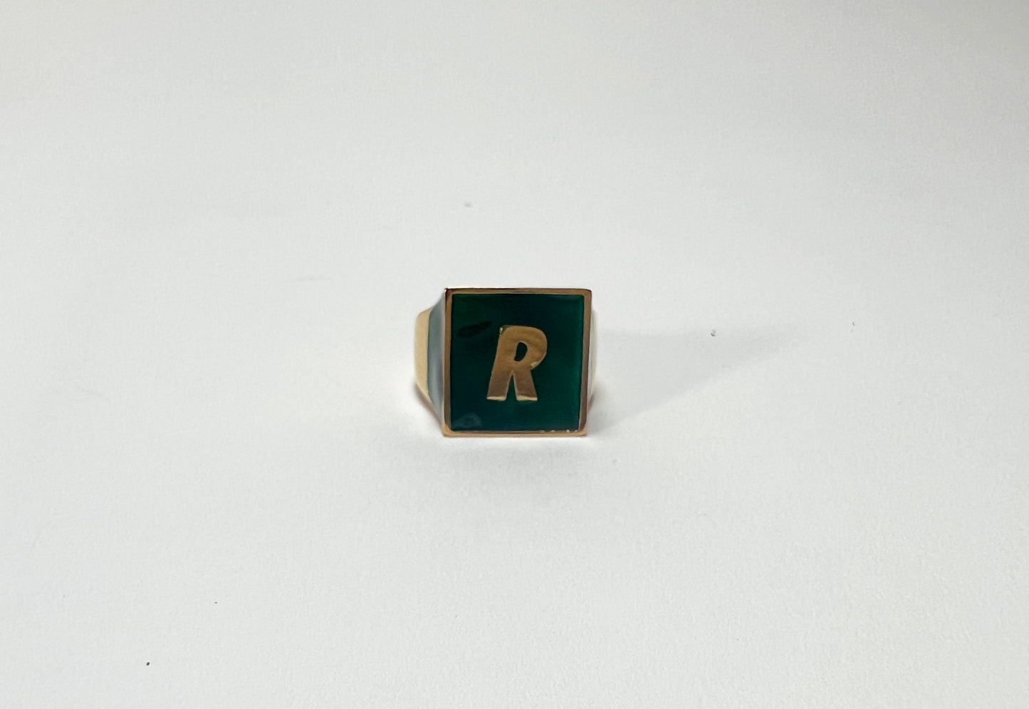 Gold and Green Enamel 'R' Ring