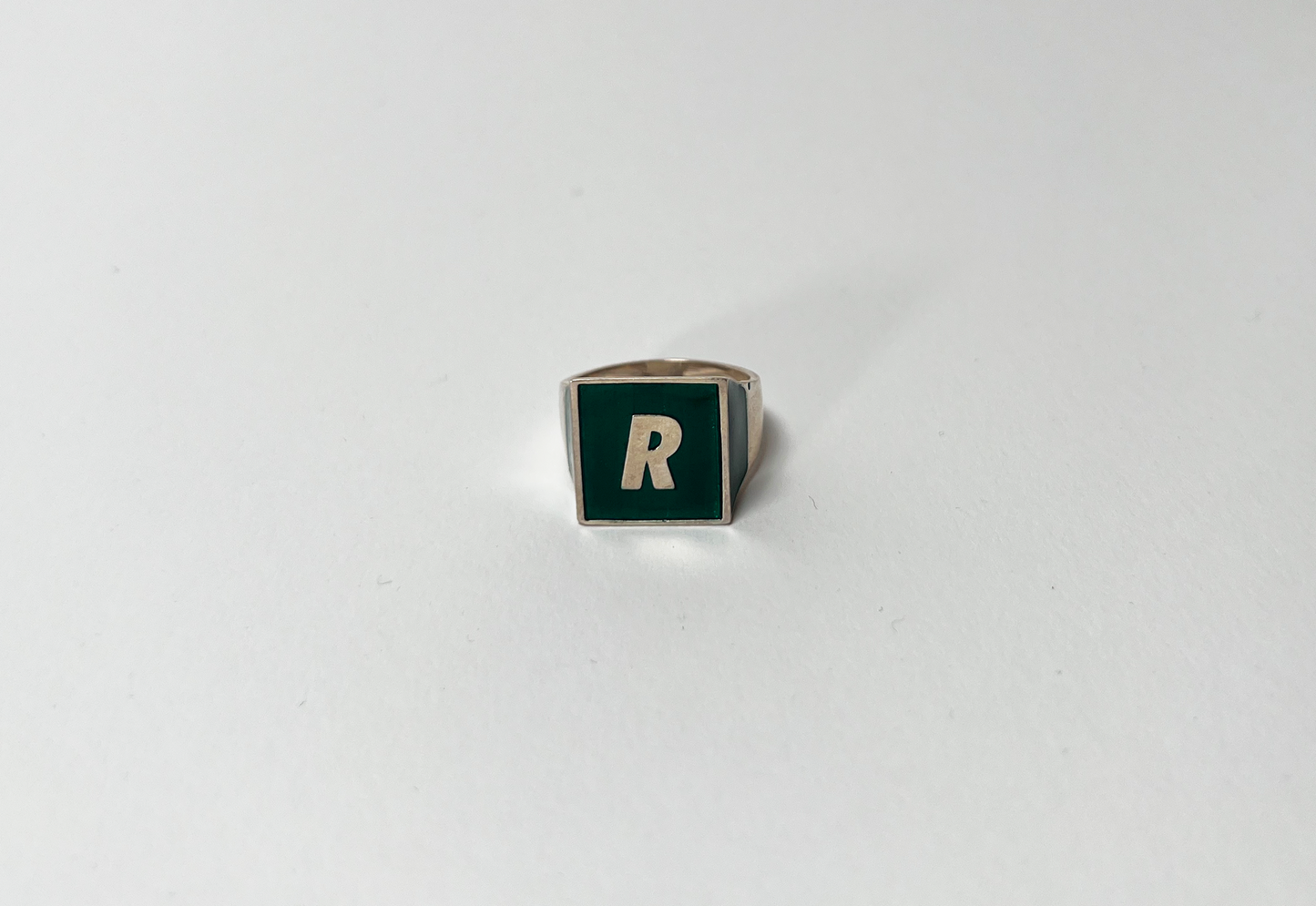 Silver and Green Enamel 'R' Ring